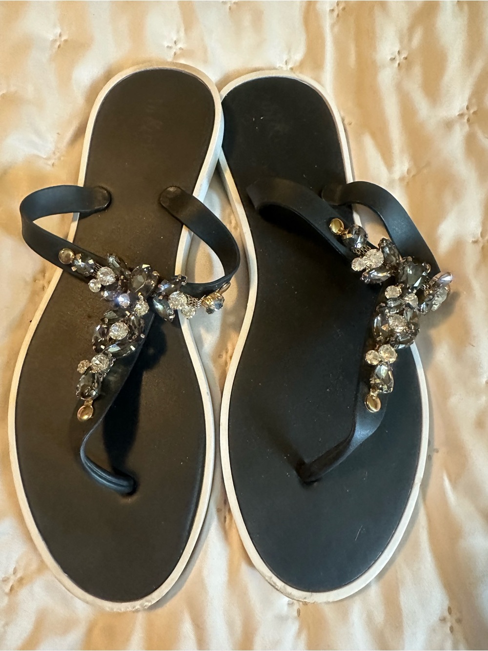 Women's Black Jeweled Thong Sandals